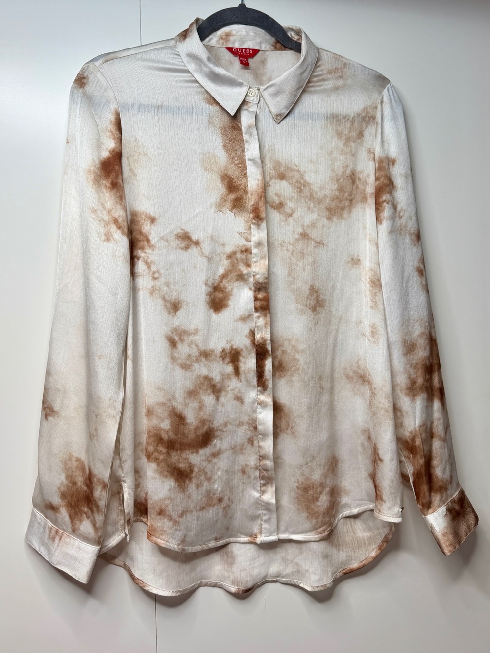 GUESS White and Brown Tie-Dye Satin Button-Down Blouse